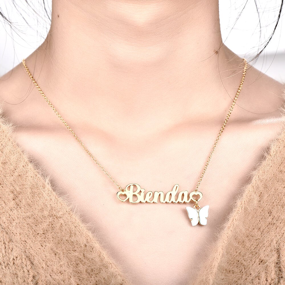 Butterfly Heart Nameplate Pendant Personalized Custom Gold Plated Name Necklace-silviax