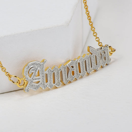 Gold Plated Personalized Old English Font Two Tone Name Bracelet-silviax