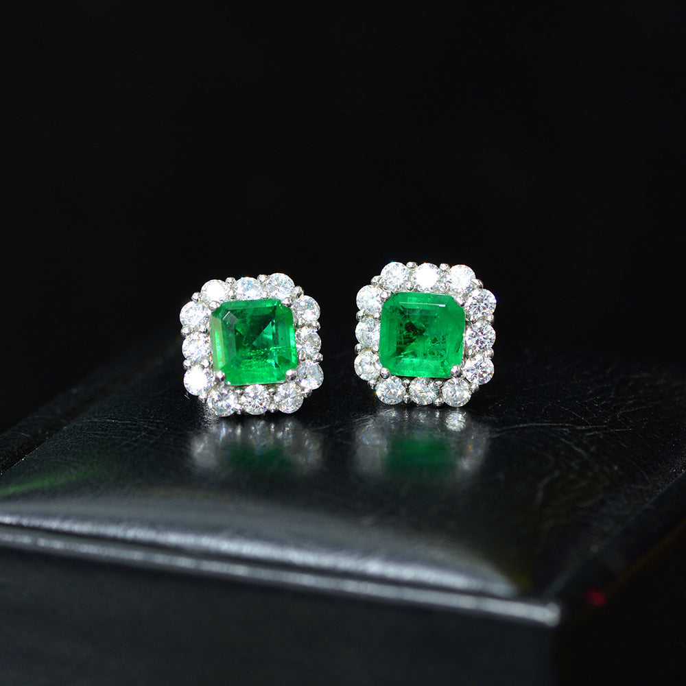 4.0 Carat Halo Princess Cut Emerald Green Women's Stud Earrings In Sterling Silver