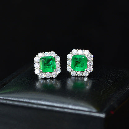 4.0 Carat Halo Princess Cut Emerald Green Women's Stud Earrings In Sterling Silver