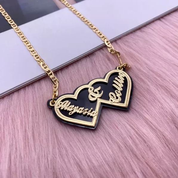 Acrylic Double Heart Pendant Personalized Custom Gold Plated Name Necklace Valentines Couple Gift