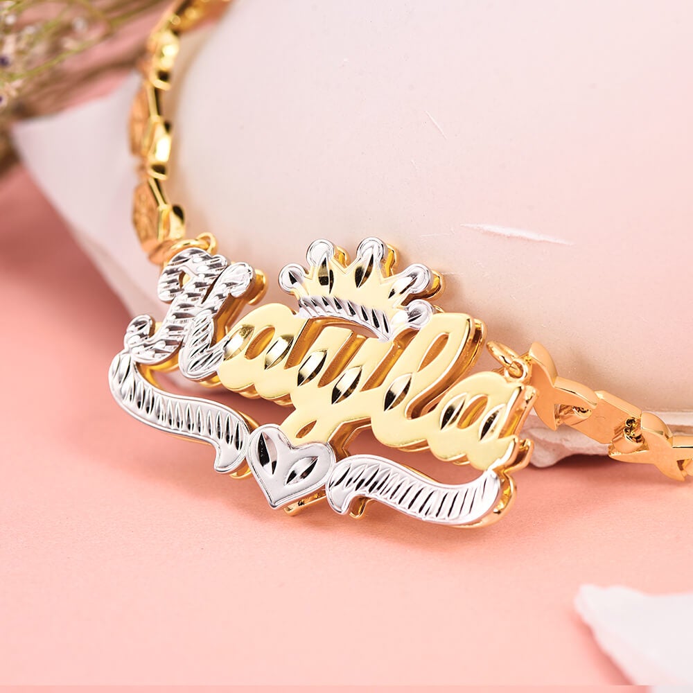 Double Layer Two Tone Crown Personalized Custom Gold Plated 3D Name Necklace with xoxo Chain-silviax