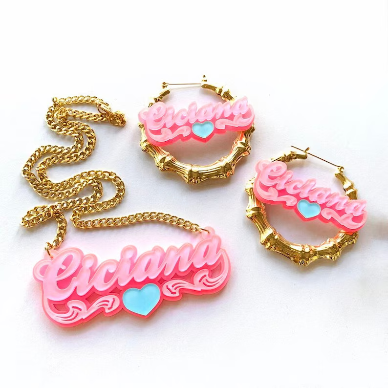 Pink Acrylic Jewelry Set with Blue Heart Personalized Custom Name Necklace Bamboo Hoop Earrings Set-silviax