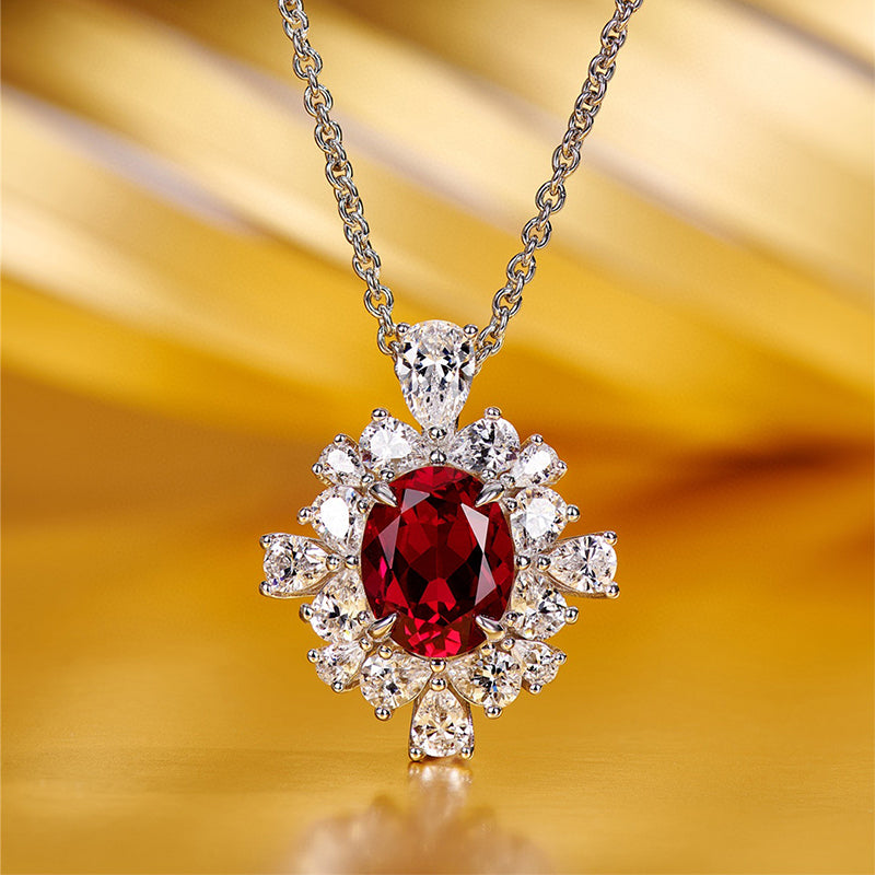 2.5 Carat Halo Ruby Oval Cut Pendant with Necklace In Sterling Silver-Maxinejewelry