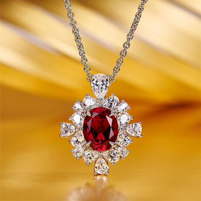 2.5 Carat Halo Ruby Oval Cut Pendant with Necklace In Sterling Silver-Maxinejewelry