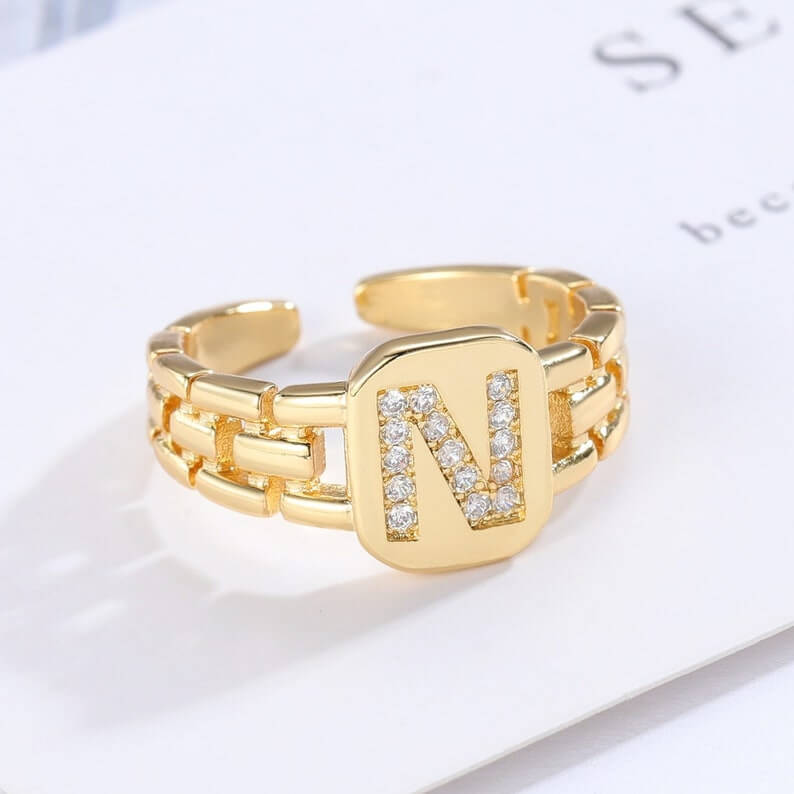 A-Z Letter Inlaid Zircon Open Watchband Square Ring Personalized Custom Initial Ring-silviax