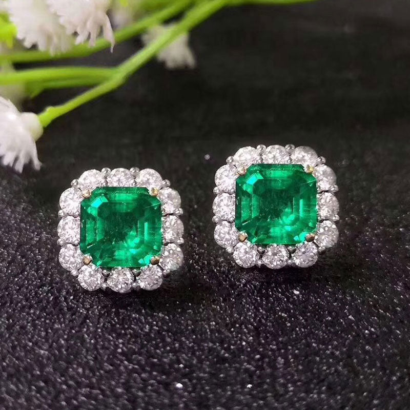 4.0 Carat Halo Princess Cut Emerald Green Women's Stud Earrings In Sterling Silver-Maxinejewelry