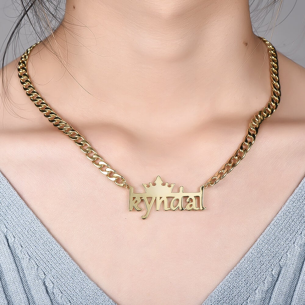 Crown And Horizontal Line With Cuban Chain Personalized Custom Gold Plated Name Necklace-silviax