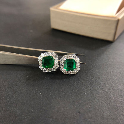 4.0 Carat Halo Princess Cut Emerald Green Women's Stud Earrings In Sterling Silver