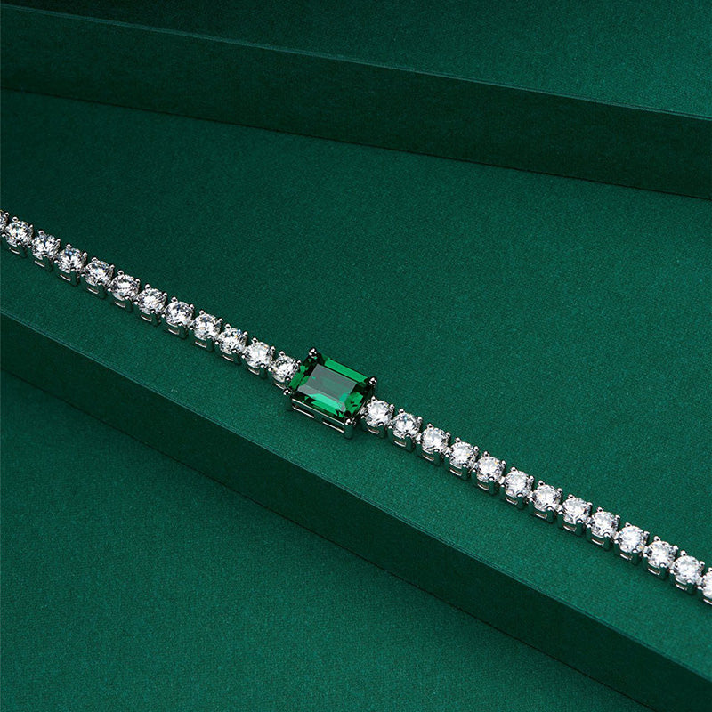 Emerald Cut Emerald Green Bracelet for Women In Sterling Silver