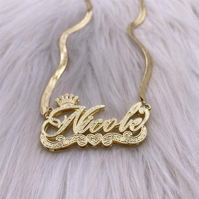 Double Layer Nameplate Crown Heart Personalized Custom Gold Plated Snake Chain 3D Name Necklace