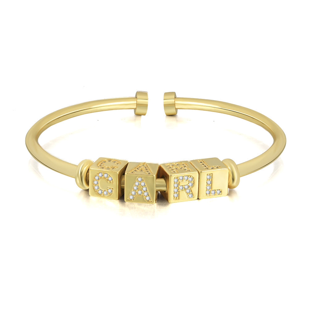 Cube Bead With Inlaid Zircon Letters Personalized Gold Plated Custom Cuff Name Bangle Bracelet-silviax