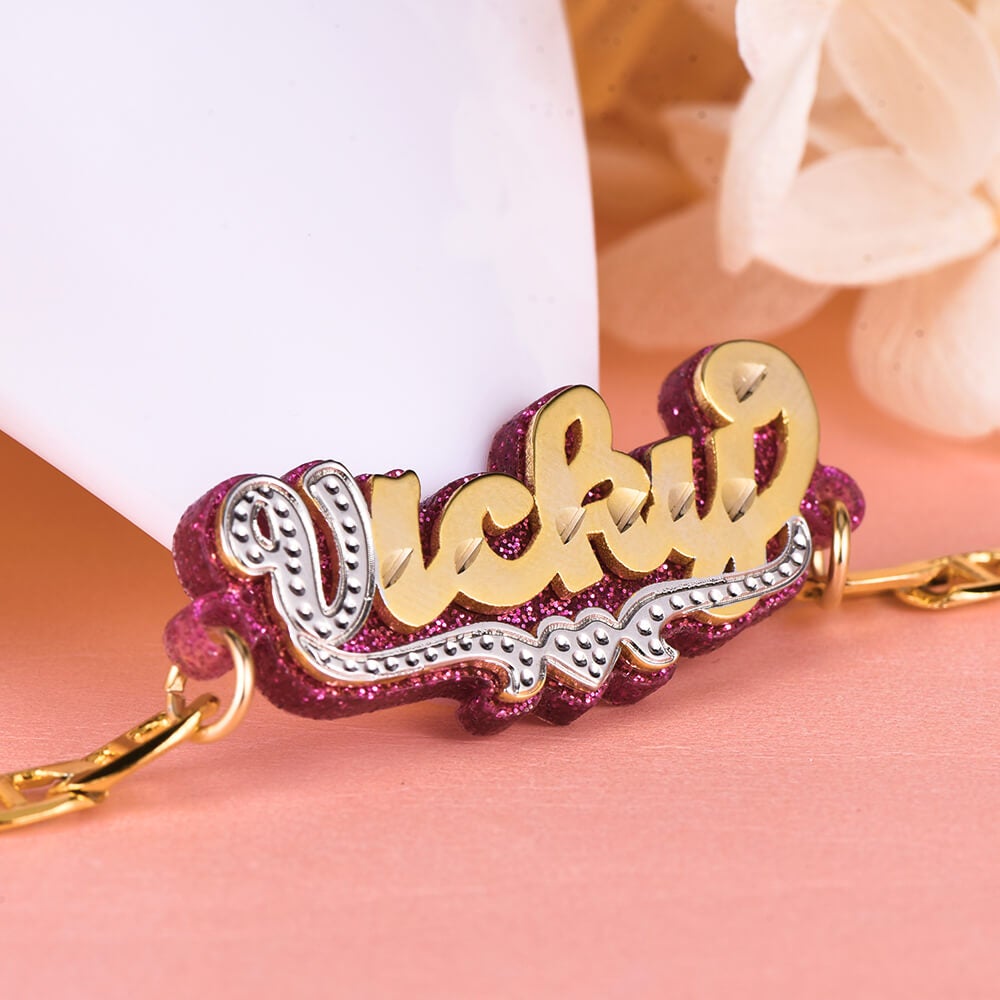 Acrylic Double Layer Two Tone Heart Personalized Custom Gold Plated Name Anklet-silviax