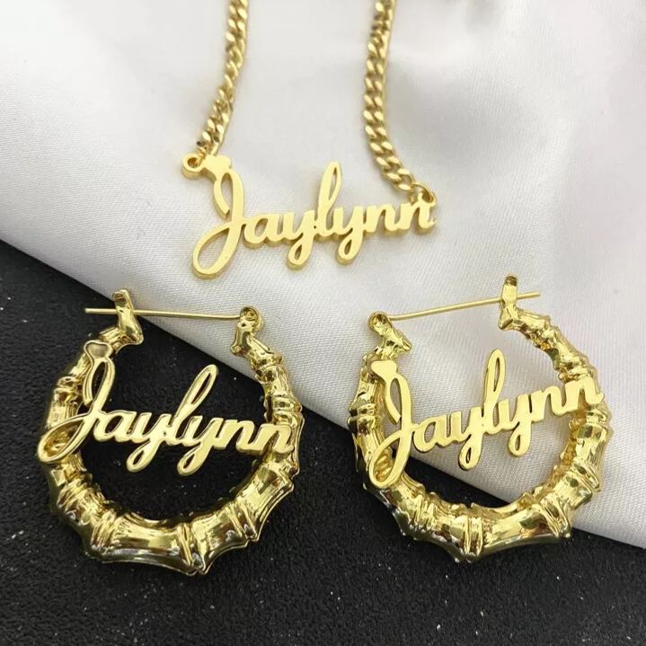 Personalized Custom Gold Plated Nameplate with Heart Jewelry Set Name Necklace and Hoop Earrings Christmas Gift