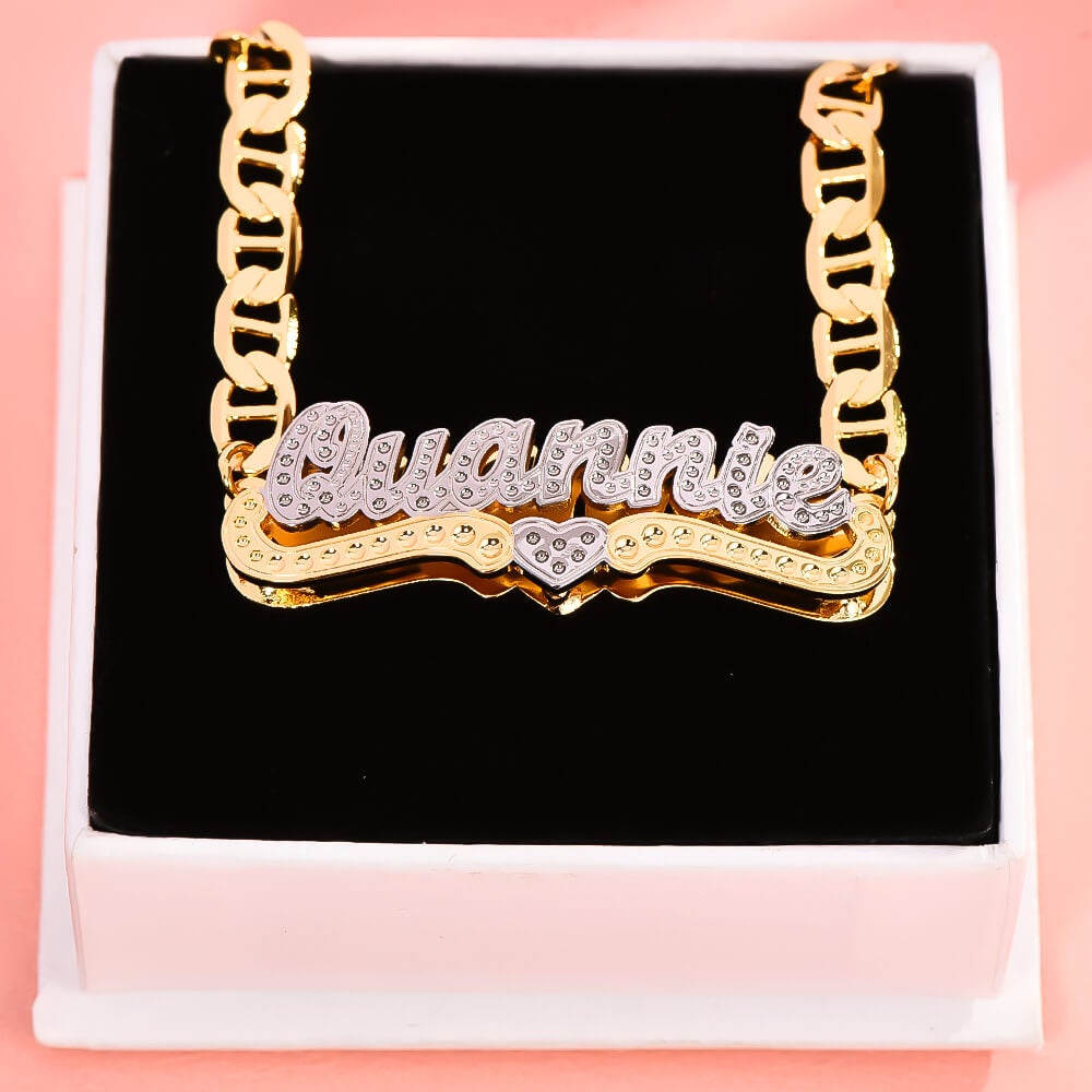 Double Layer Two Tone 3D Nameplate With Heart Personalized Custom Gold Plated Name Bracelet-silviax