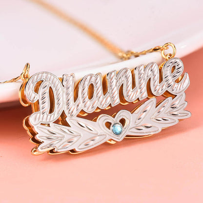 Double Layer Two Tone Wing Heart Nameplate with Birthstone Personalized Custom Gold Plated Name Necklace-silviax