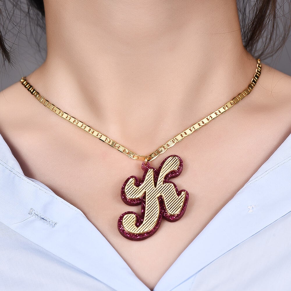 Pink Acrylic Capital Letter Gold Plated Personalized Custom Initial Necklace-silviax