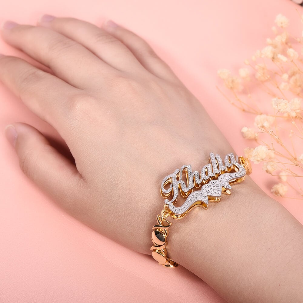 Double Layer Two Tone Heart Nameplate with XOXO Chain Personalized Custom Gold Plated Name Bracelet-silviax