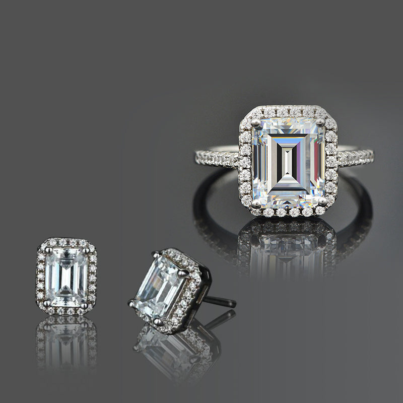 Stunning Halo Emerald Cut 2PC Jewelry Set In Sterling Silver-Maxinejewelry