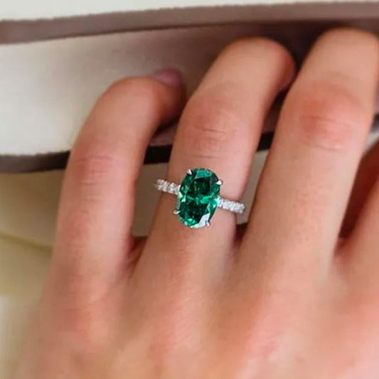 Classic Oval Cut Emerald Green Simulated Diamond Engagement Ring