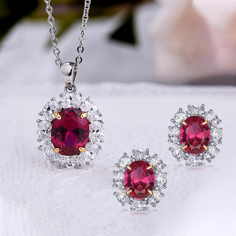 Gorgeous Ruby Oval Cut Halo 2PC Jewelry Set In Sterling Silver-Maxinejewelry