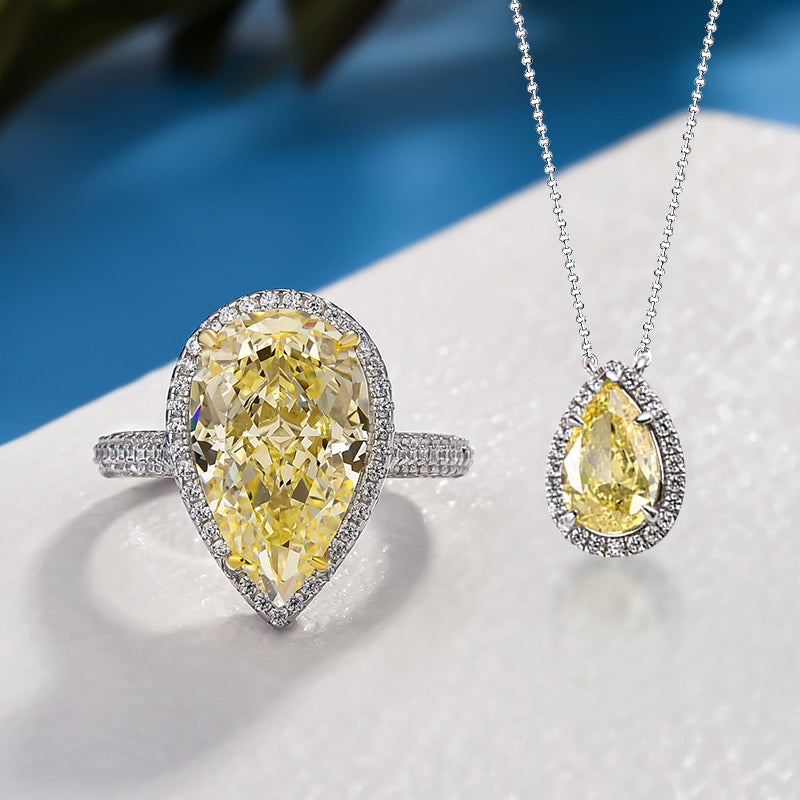 Exquisite Halo Pear Cut Yellow Sapphire 2PC Jewelry Set In Sterling Silver-Maxinejewelry