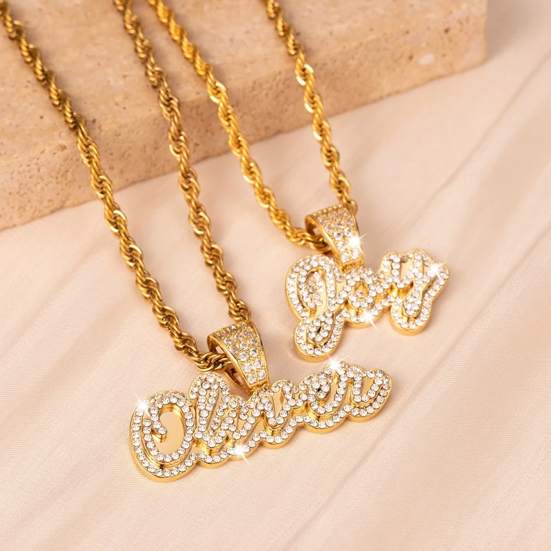 Sparkling Crystal Double Plate Personalized Nameplate Pendant Custom Necklace