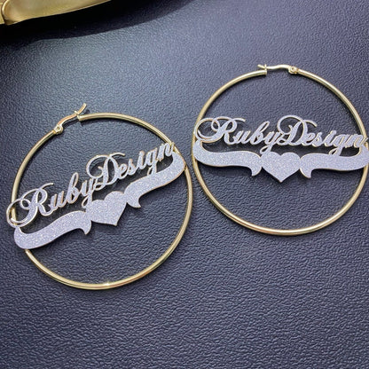 Bling Nameplate with Heart Personalized Name Necklace And Hoop Name Earrings Set