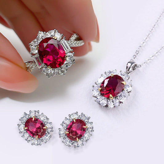 Vintage Ruby Oval Cut Halo 3PC Jewelry Set In Sterling Silver-Maxinejewelry