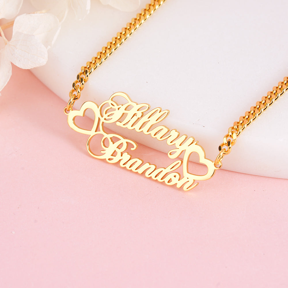 Two Hearts Nameplate Personalized Custom Gold Plated Two Name Necklace