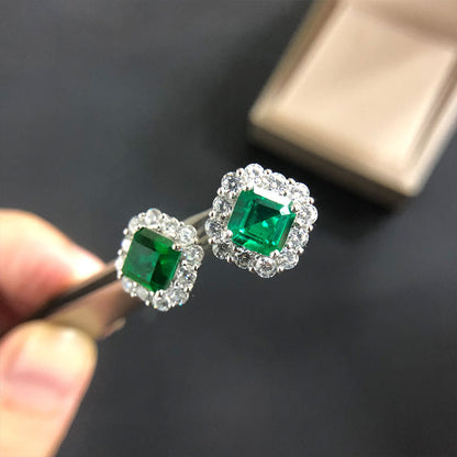 4.0 Carat Halo Princess Cut Emerald Green Women's Stud Earrings In Sterling Silver