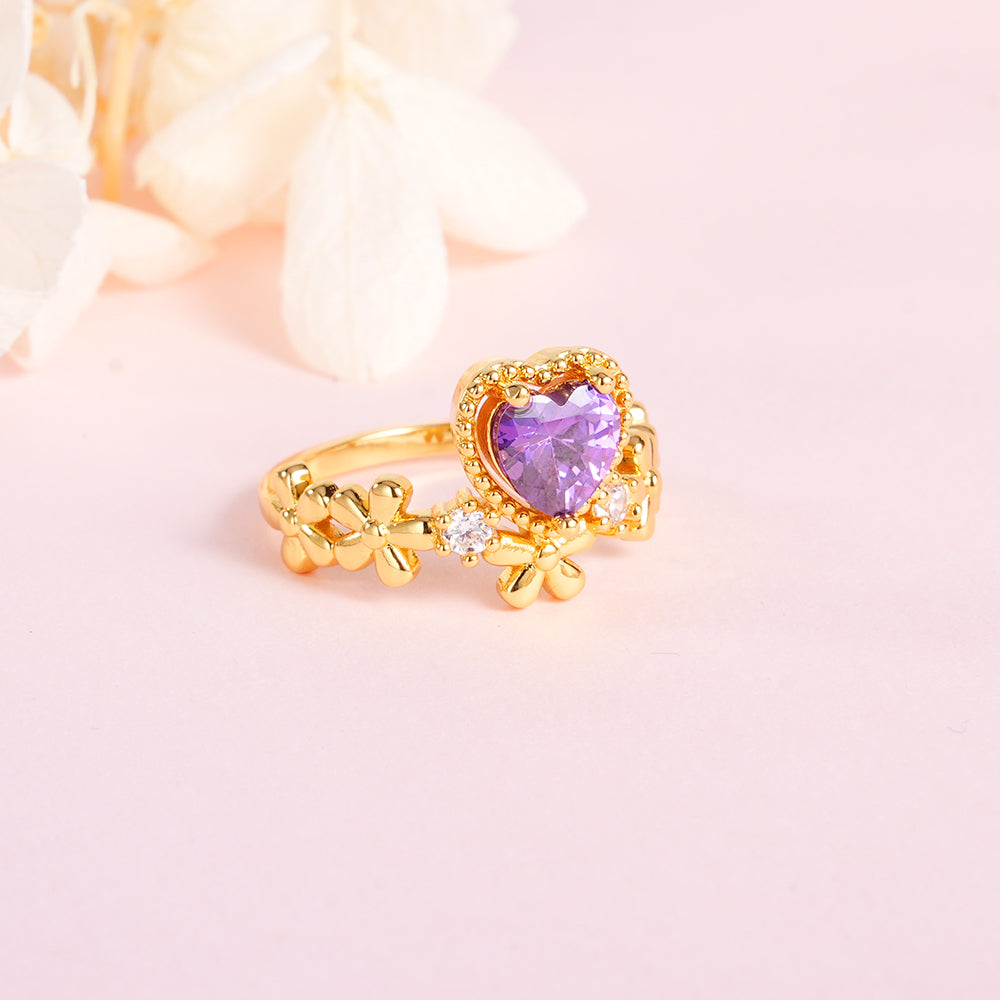 Stunning Heart Ring Personalized Birthstone Ring with Flower