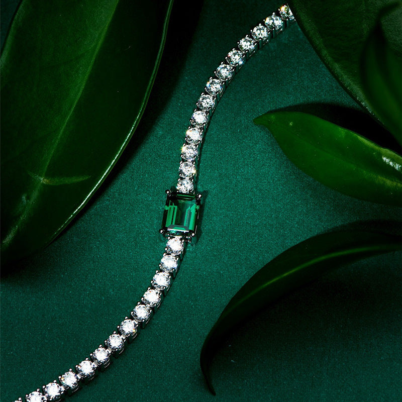 Emerald Cut Emerald Green Bracelet for Women In Sterling Silver-Maxinejewelry