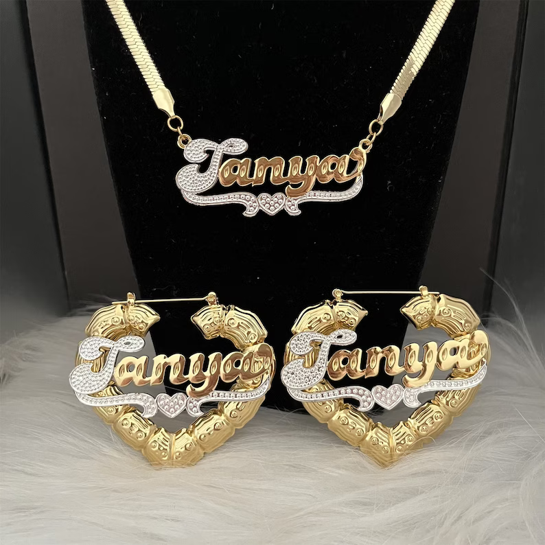 Snake Chain Personalized Double Layer Two Tone with Heart Name Necklace and Heart Bamboo Earrings Set-silviax