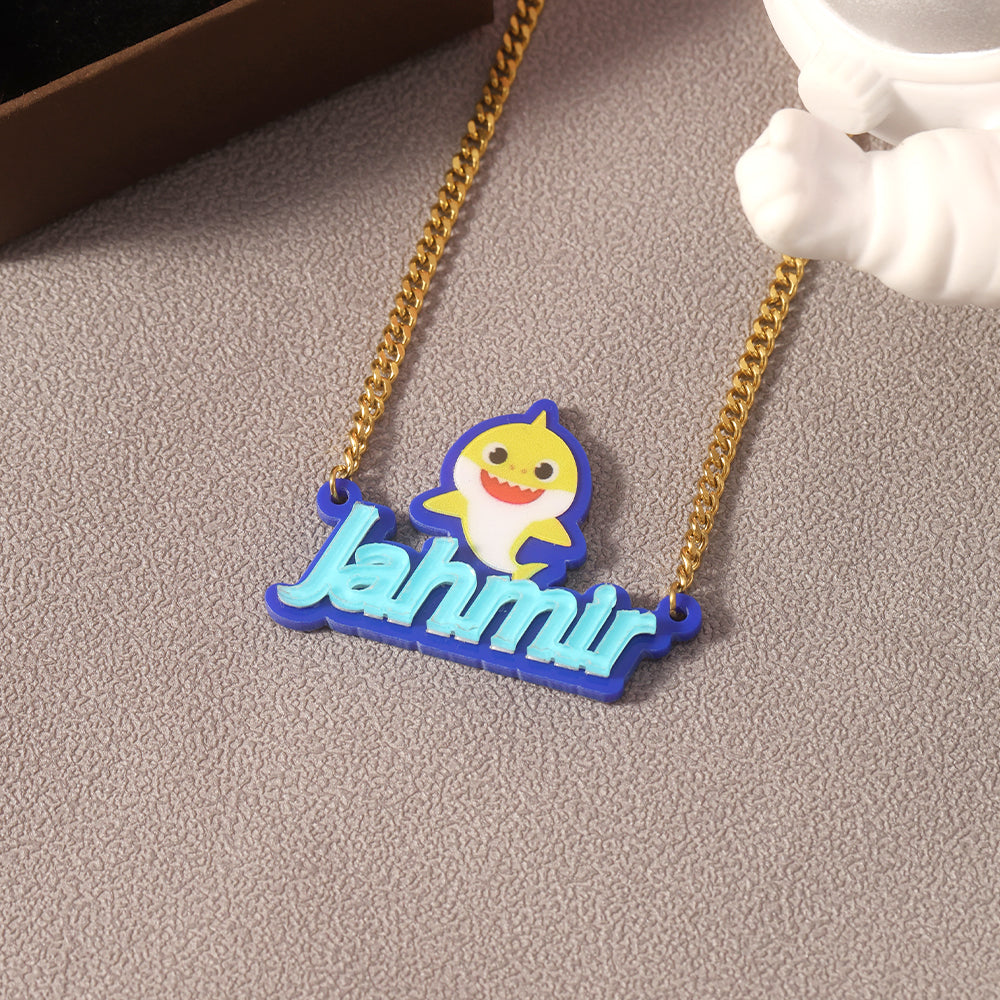 Blue Acrylic Cute Shark Nameplate Personalized Custom Name Necklace