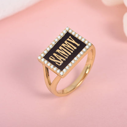 Personalized CZ Rectangle Black Enamel Name Signet Ring-silviax