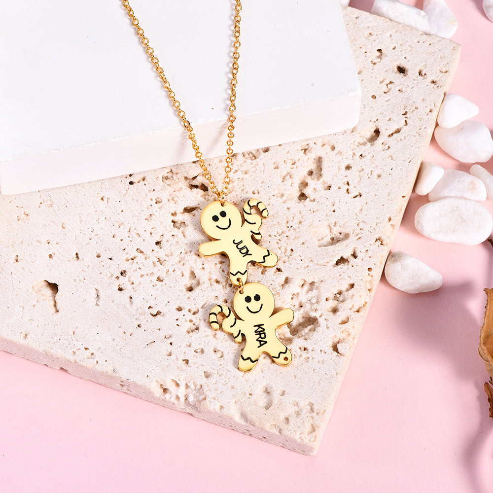 Christmas 1 to 3 Names Gingerbread Man Personalized Custom White Gold Name Necklace Chirstmas Gift