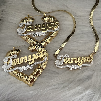 Snake Chain Personalized Double Layer Two Tone with Heart Name Necklace and Heart Bamboo Earrings Set-silviax