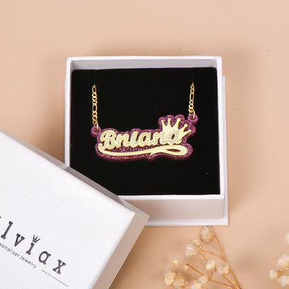 Acrylic Double Plate Crown Personalized Custom Gold Plated Name Necklace-silviax