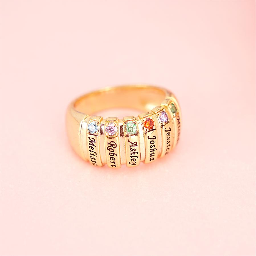 3 To 6 Names With Birthstone Gold Plated Personalized Custom Engraved Family Ring-silviax