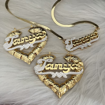 Snake Chain Personalized Double Layer Two Tone with Heart Name Necklace and Heart Bamboo Earrings Set-silviax