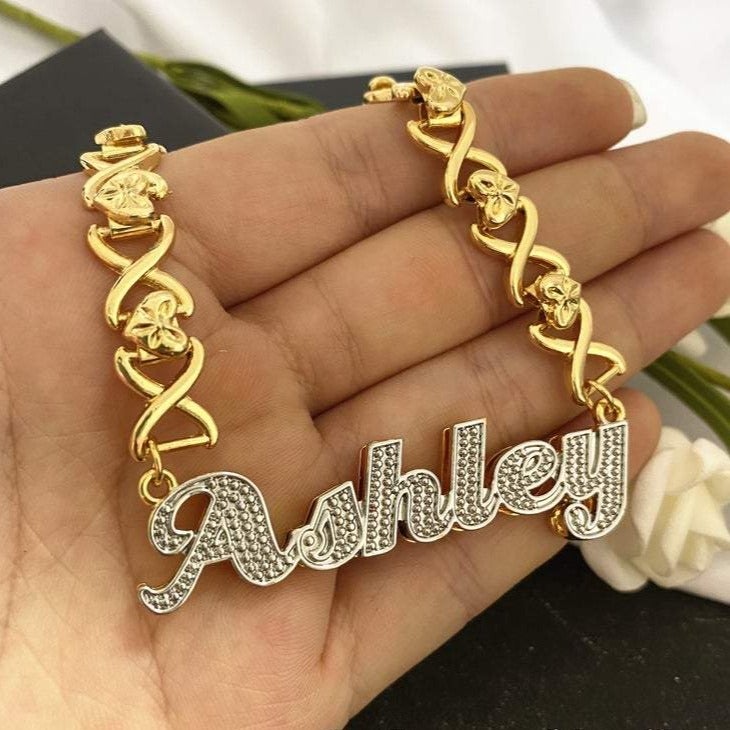 Double Layer Two Tone Nameplate Personalized Custom Gold Plated Name Necklace with XOXO Chain-silviax