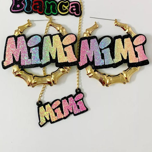 Multicolor Glitter Custom Name Jewelry Set Personalized Name Necklace Bamboo Hoop Earrings Set-silviax