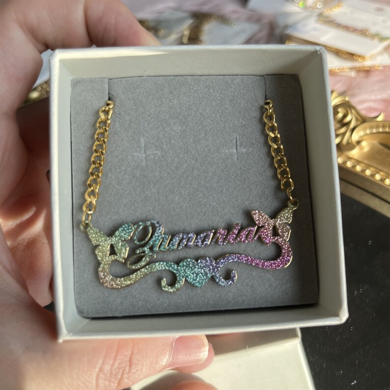 Bling Bling Colorful Two Butterfly with Heart Personalized Name Necklace