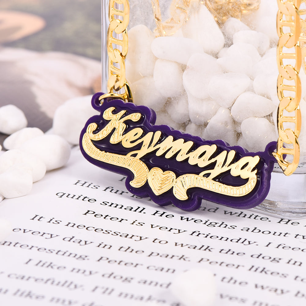 Purple Acrylic with Heart Double Layer Personalized Custom Gold Plated Name Necklace And Name Stud Earring Set-silviax