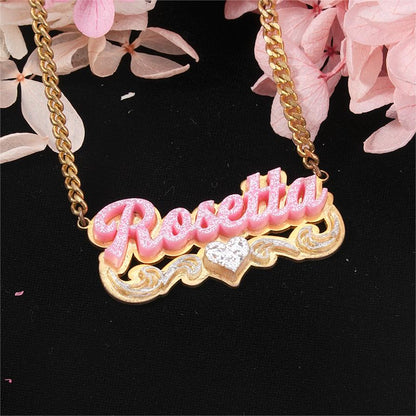 Pink Acrylic Personalized Heart Name Necklace and Bamboo Earrings Set