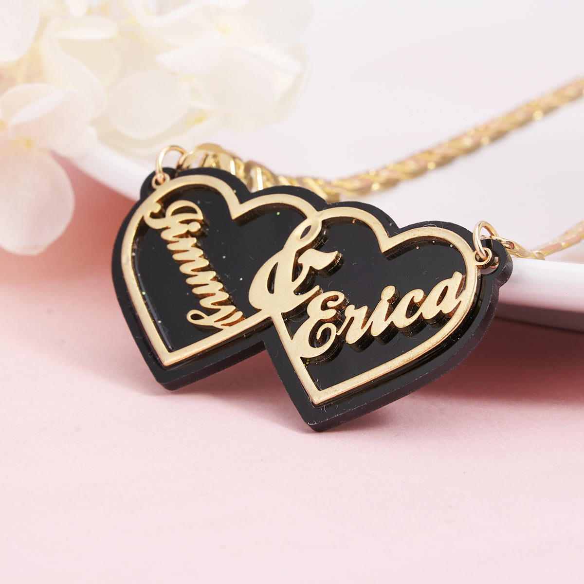 Acrylic Double Heart Pendant Personalized Custom Gold Plated Name Necklace Couple Gift