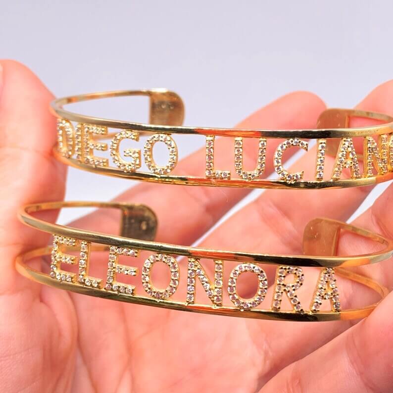 Inlaid Zircon Cuff Bangle Personalized Custom Gold Plated Name Bracelet-silviax