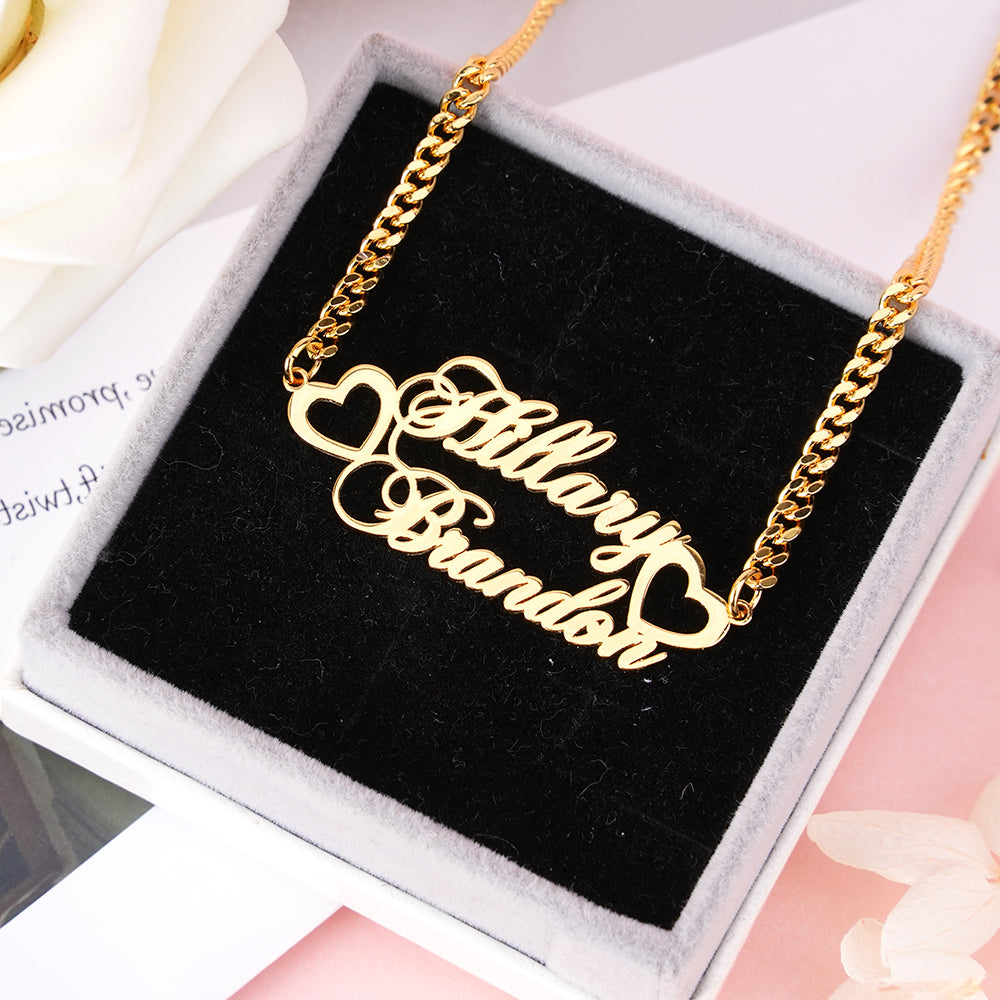 Two Hearts Nameplate Personalized Custom Gold Plated Two Name Necklace