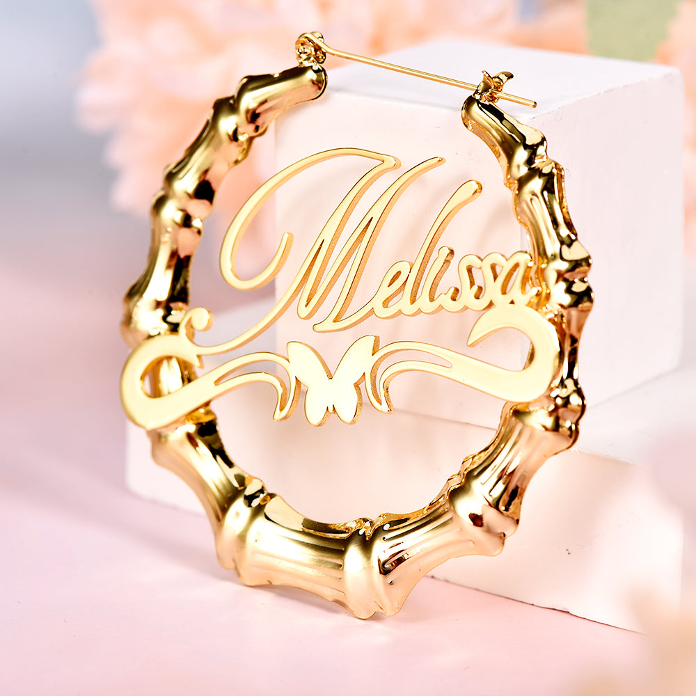 Personalized Custom Gold Plated Underline Butterfly Nameplate Bamboo Earrings